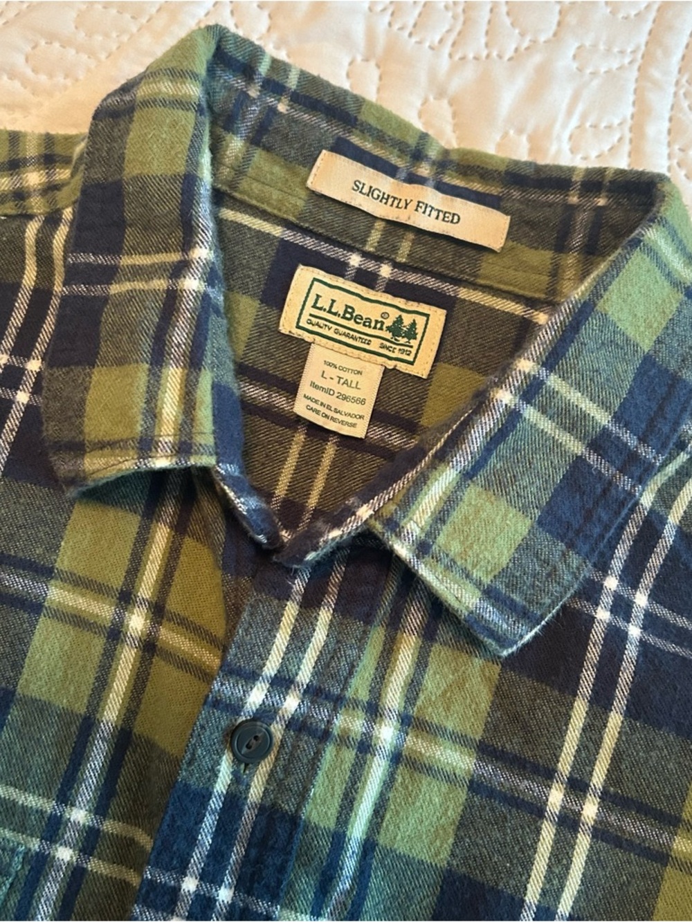 L.L. Bean Green & Navy Plaid Slightly Fitted Button-Down Shirt